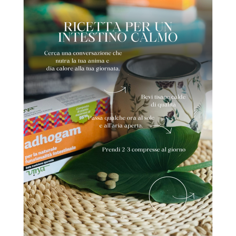 Foto con Adhogam, tazza, foglia e compresse appoggiati su un centrotavola di vimini